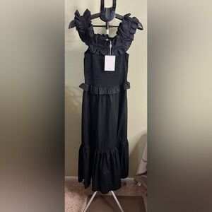 Caroline Constas Black off shoulder smocked tiered midi dress, size medium